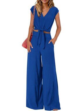Women's Blue Summer 2 Piece Outfits Cap Sleeve V Neck Belted Crop Tops